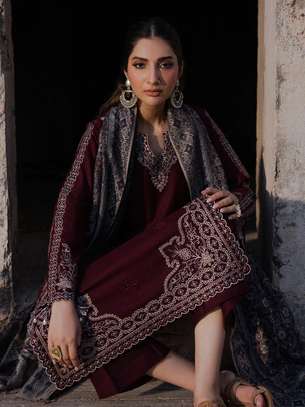 IZ-5733 Unstitched Heavy Embroidered Dhanak Suit With Printed Wool Shawl