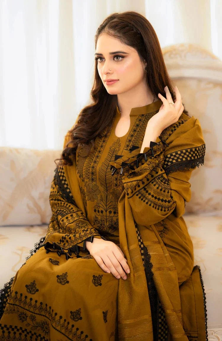 MB-100 Unstitched Fully Embroidered Dhanak Suit With Embroidered Dhanak Shawl