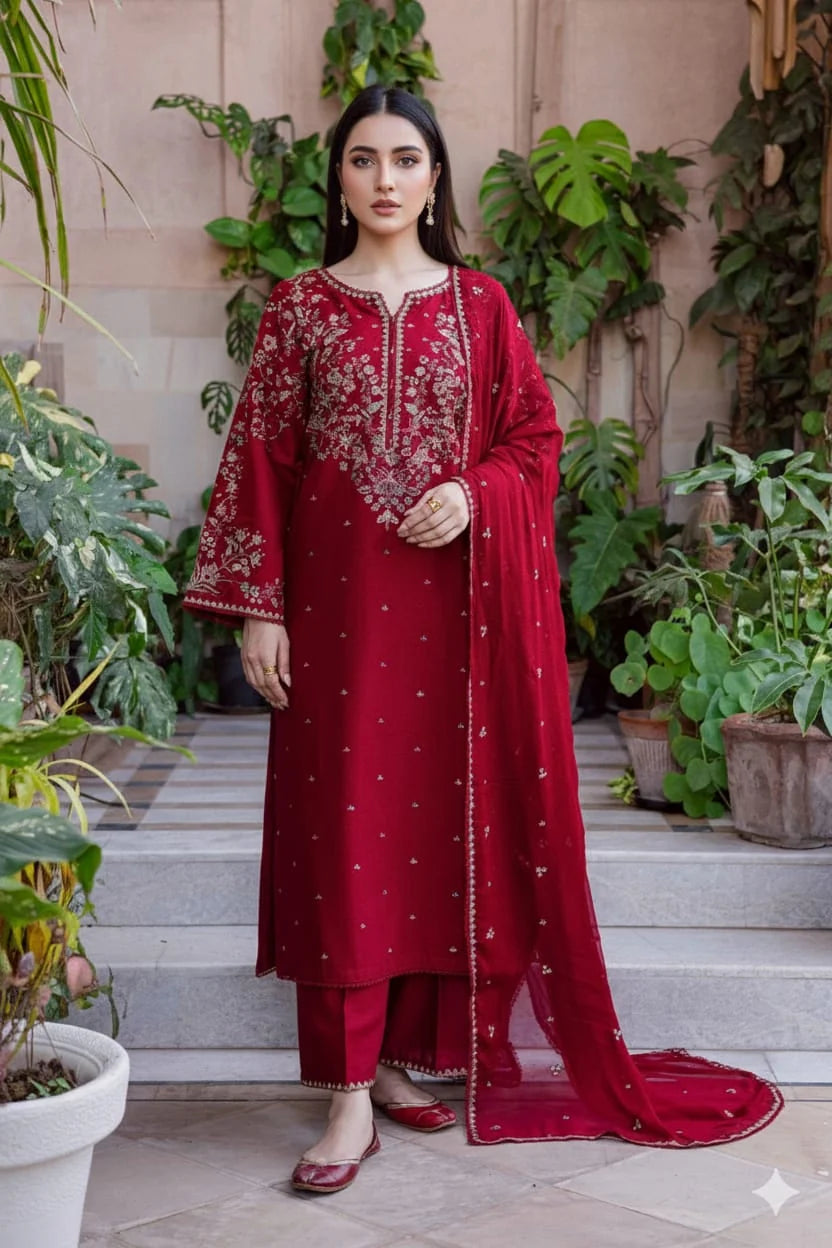 BT-2800A Unstitched Fully Embroidered Dhanak Suit With Embroidered Dhanak Shawl