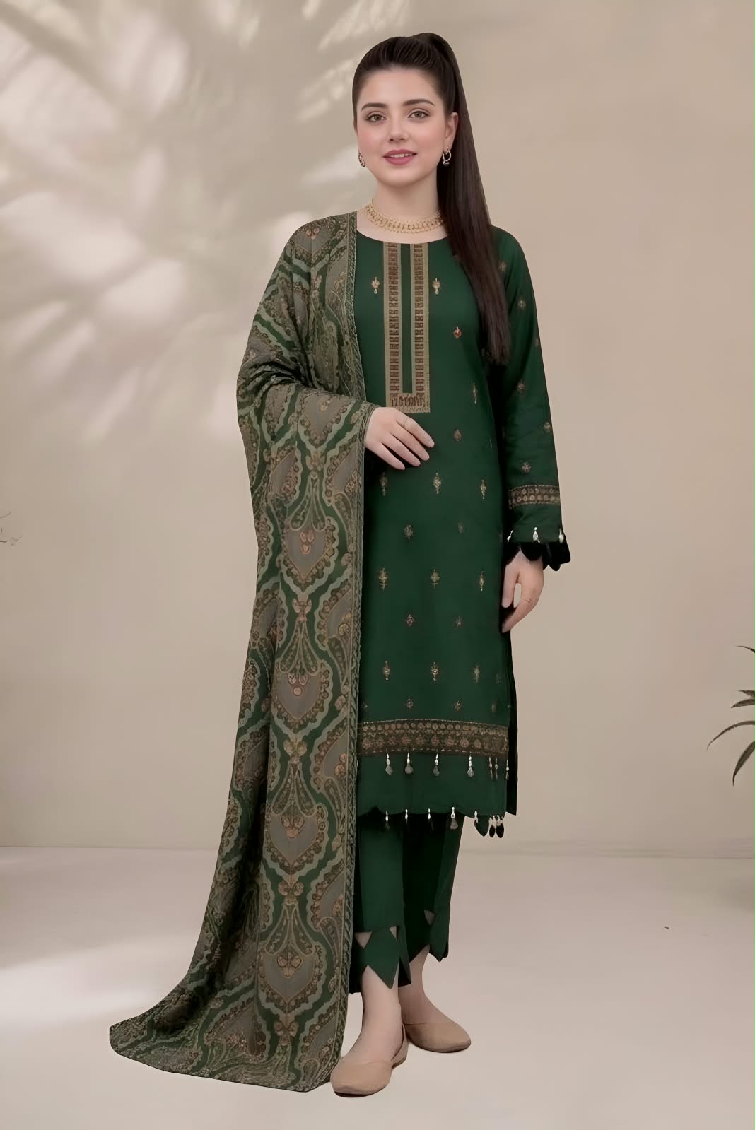 MB-2503(A) Dhanak Embroidered Suit with Dhanak Embroidered Aplik Cut Work Shawl