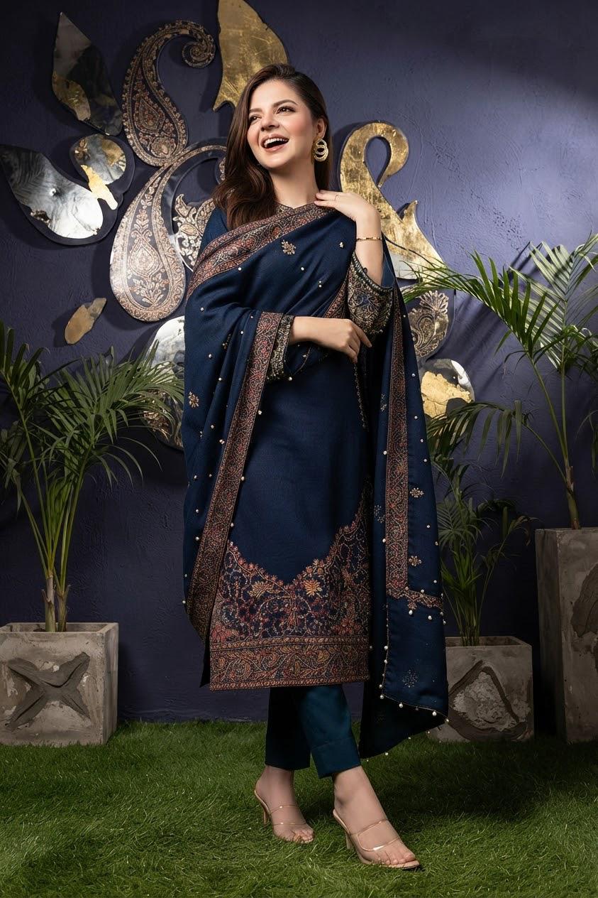 BT-2880A Unstitched Embroidered Dhanak Suit With Embroidered Dhanak Shawl