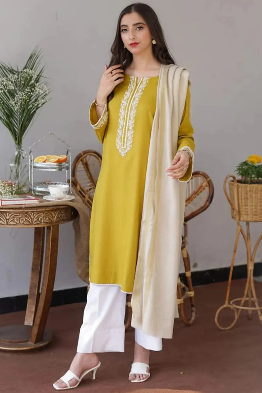 AS-20 Unstitched Embroidered Dhanak Suit With Dyed Dhanak Shawl