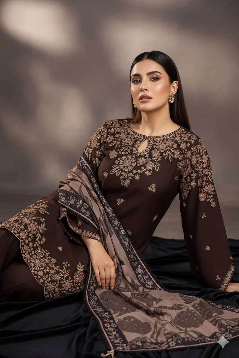 BQ-140 Dhanak Embroidered Suit With Digital Printed Wool Shawl