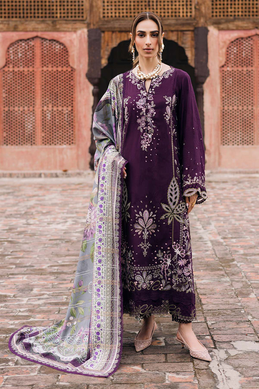 NY-2393 Unstitched Fully Embroidered Dhanak Suit With Digital Printed Wool Shawl