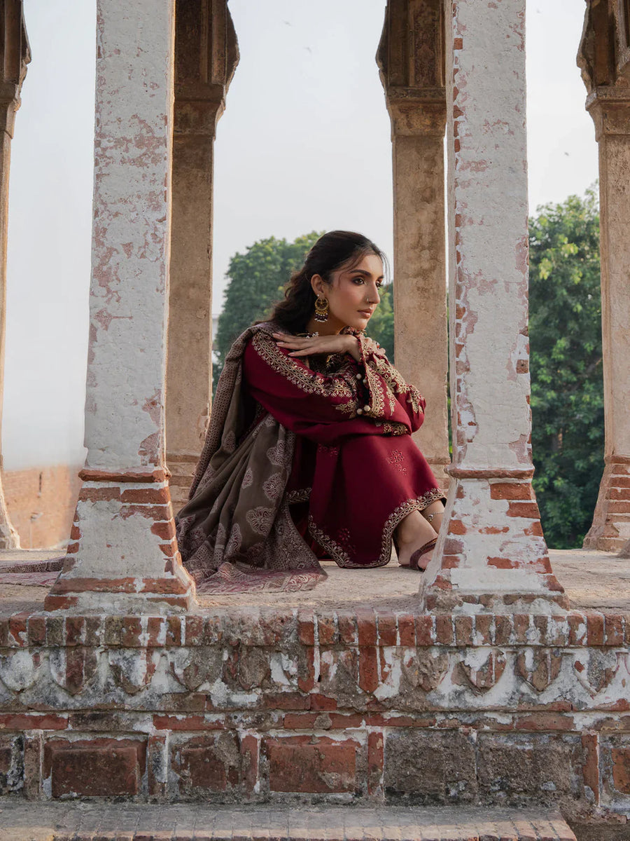 IZ-6033 Unstitched Heavy Embroidered Dhanak Suit With Printed Wool Shawl