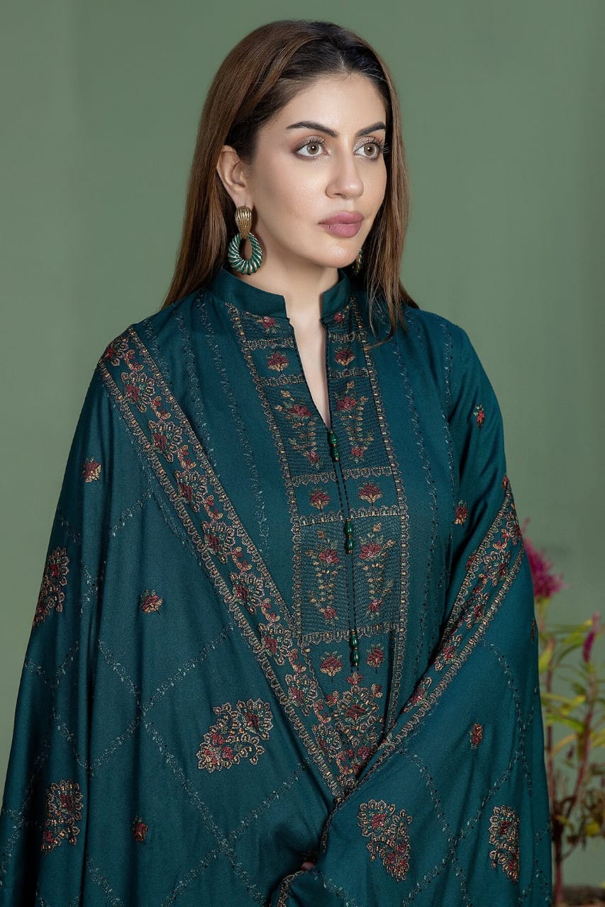 AJ-940 Unstitched Fully Embroidered Dhanak Suit With 4 Sided Embroidered Dhanak Shawl
