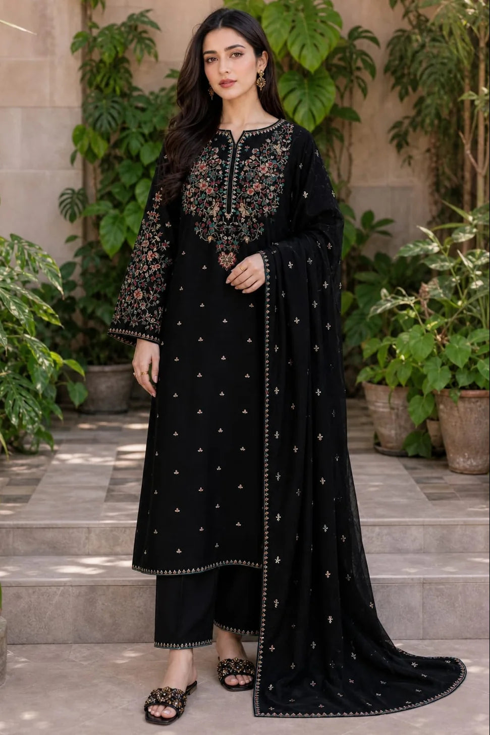 BT-2800B Unstitched Fully Embroidered Dhanak Suit With Embroidered Dhanak Shawl