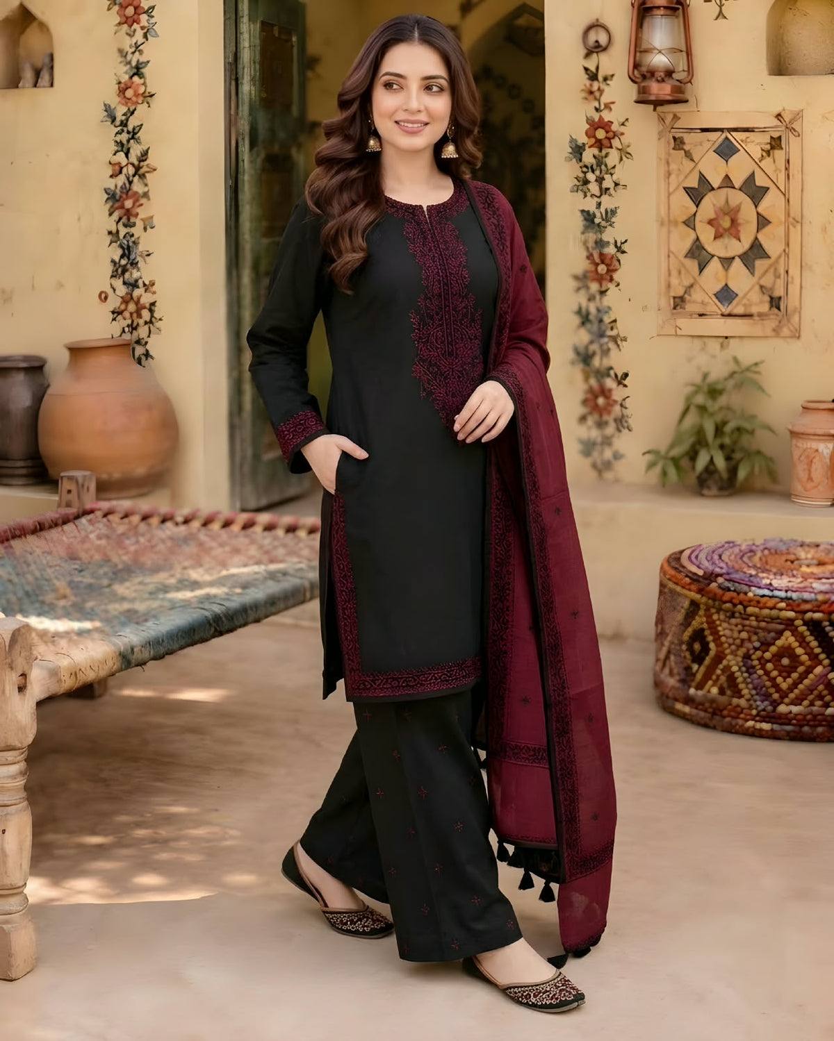 KD-910(B) Unstitched Heavy Embroidered Dhanak Suit With Embroidered Dhanak Shawl