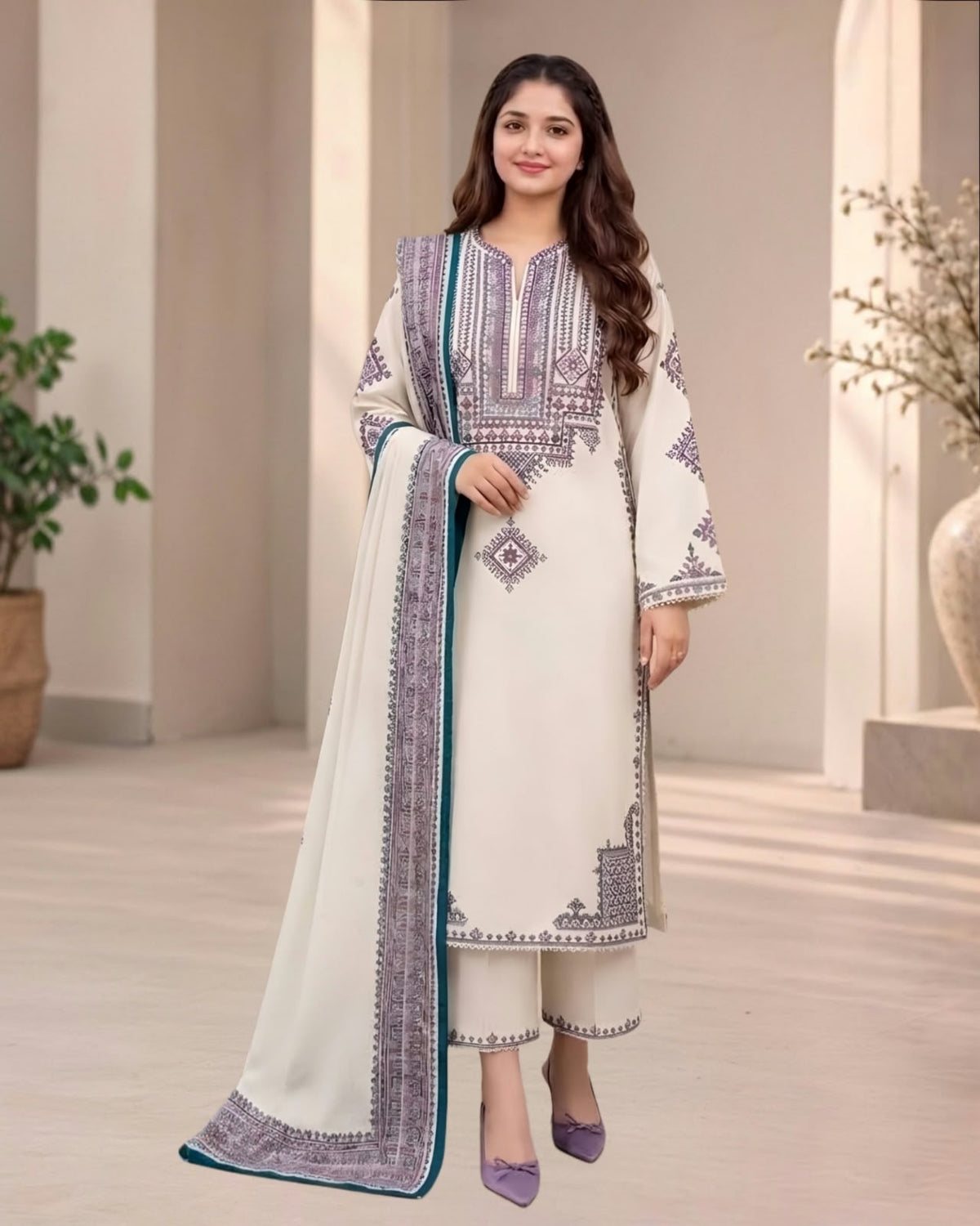 GA-313 Unstitched Fully Embroidered Dhanak Suit With Digital Printed Wool Shawl
