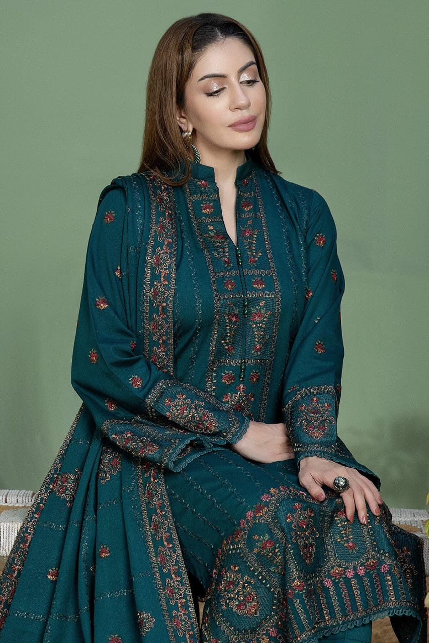 AJ-940 Unstitched Fully Embroidered Dhanak Suit With 4 Sided Embroidered Dhanak Shawl