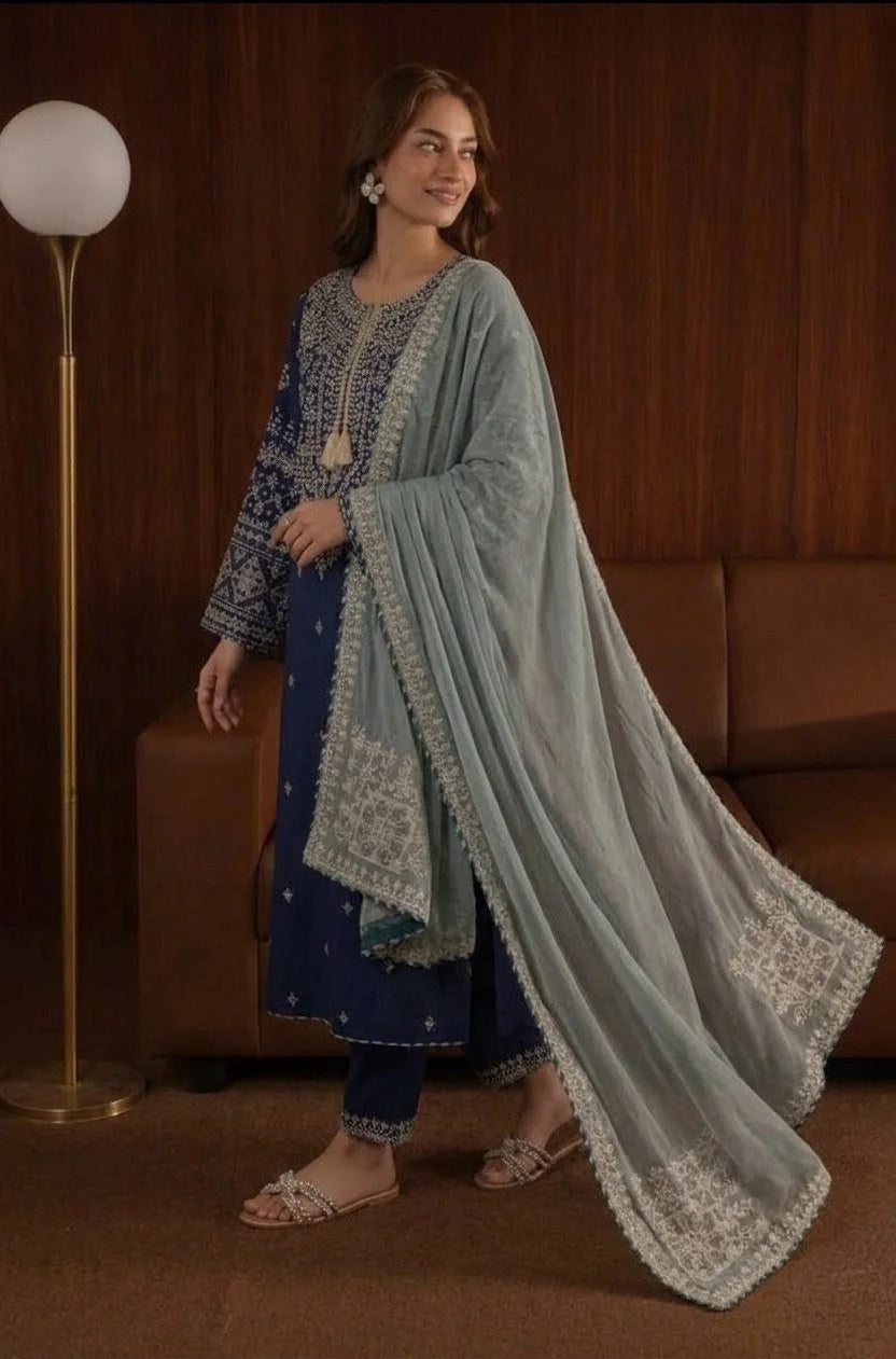 AA-51 3PC Unstitched Embroidered Lawn Suit With Embroidered Chiffon Dupatta