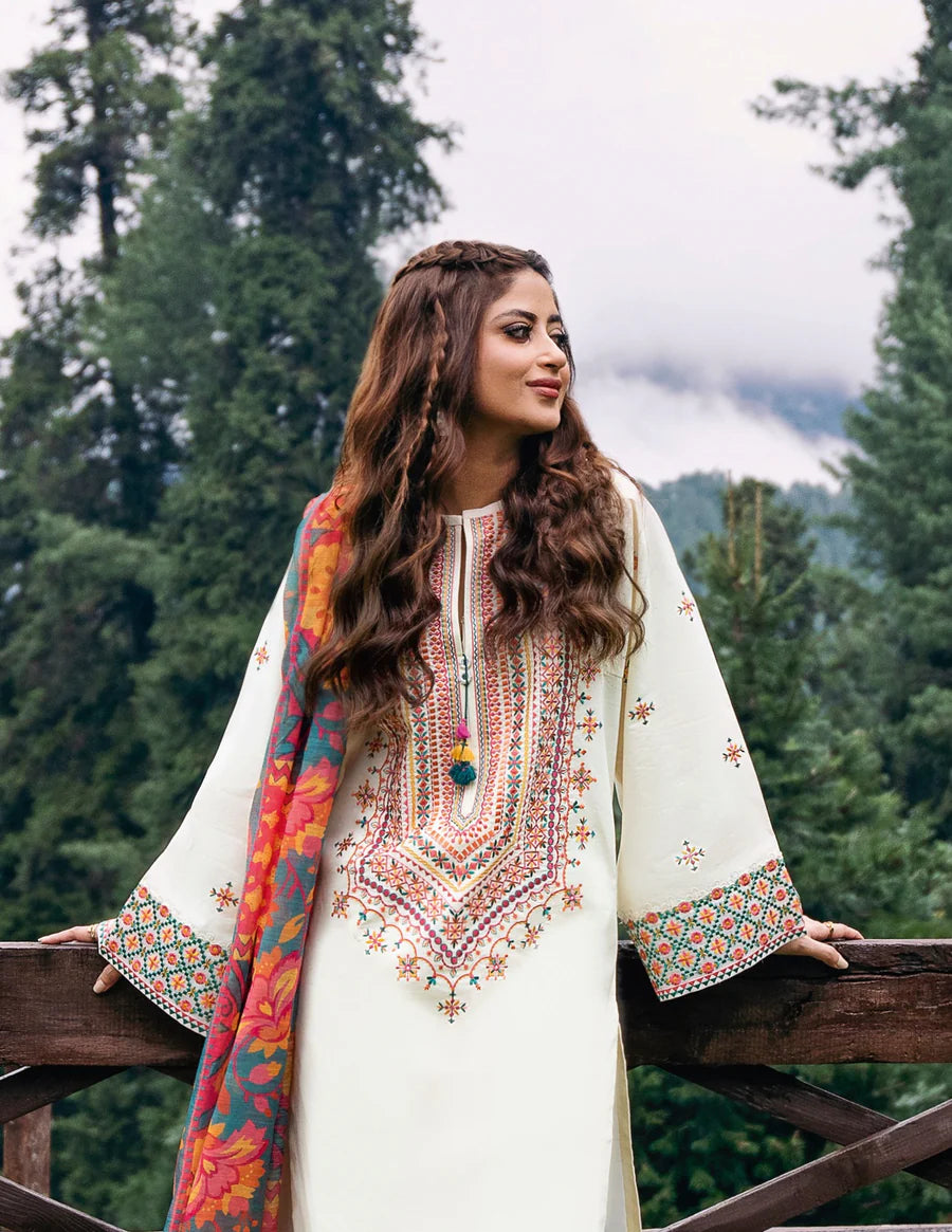 AJ-2543 Unstitched Fully Embroidered Dhanak Suit With Digital Printed Wool Shawl
