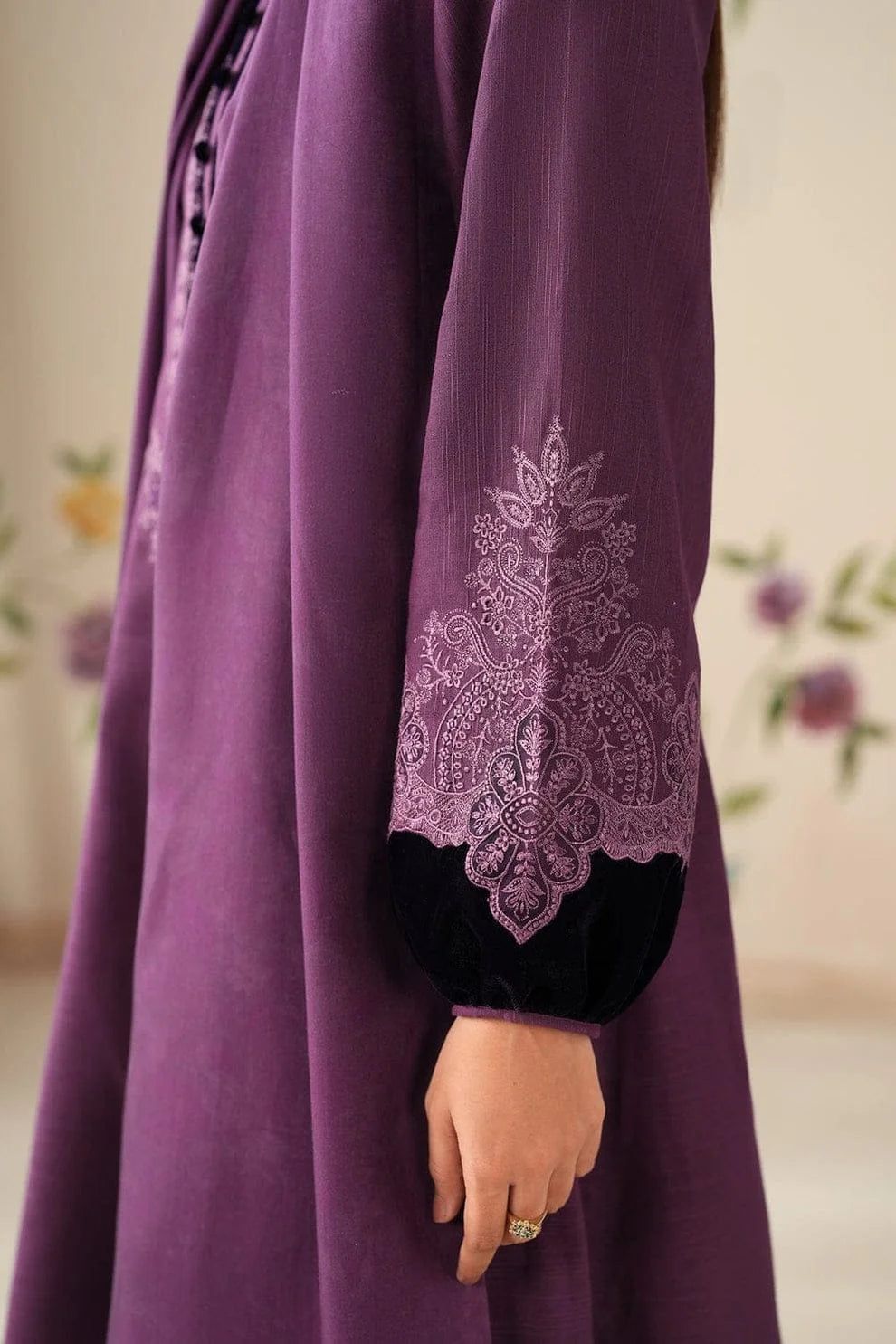 BQ-6433 Black Velvet Aplic Embroidered Dhanak Suit With Embroidered Dhanak Shawl