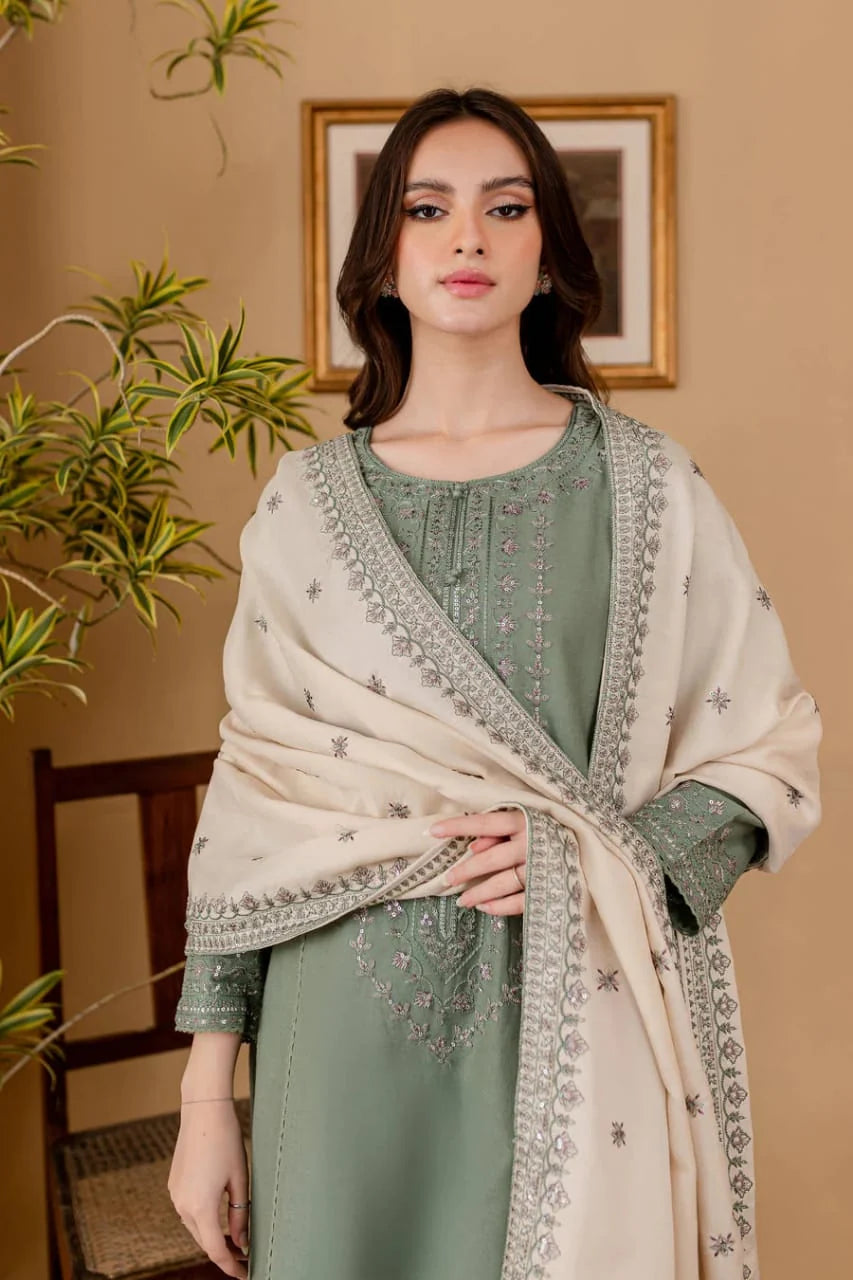 RP-600 Unstitched Heavy Embroidered Dhanak Suit With Embroidered Dhanak Shawl