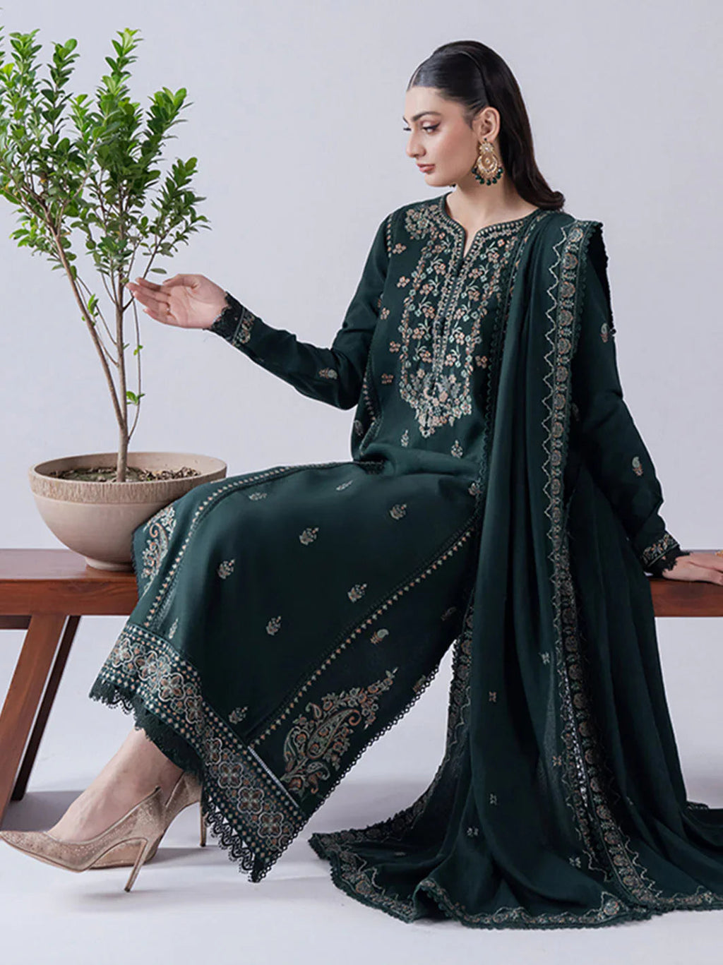 AJ-2453 Unstitched Heavy Embroidered Dhanak Suit With Embroidered Dhanak Shawl