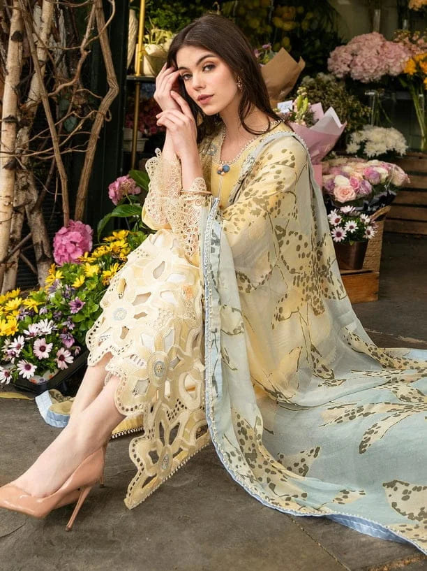 MS-2570A  Unstitched Embroidered Lawn 3pc Suit With Cotton Lawn Printed Dupatta