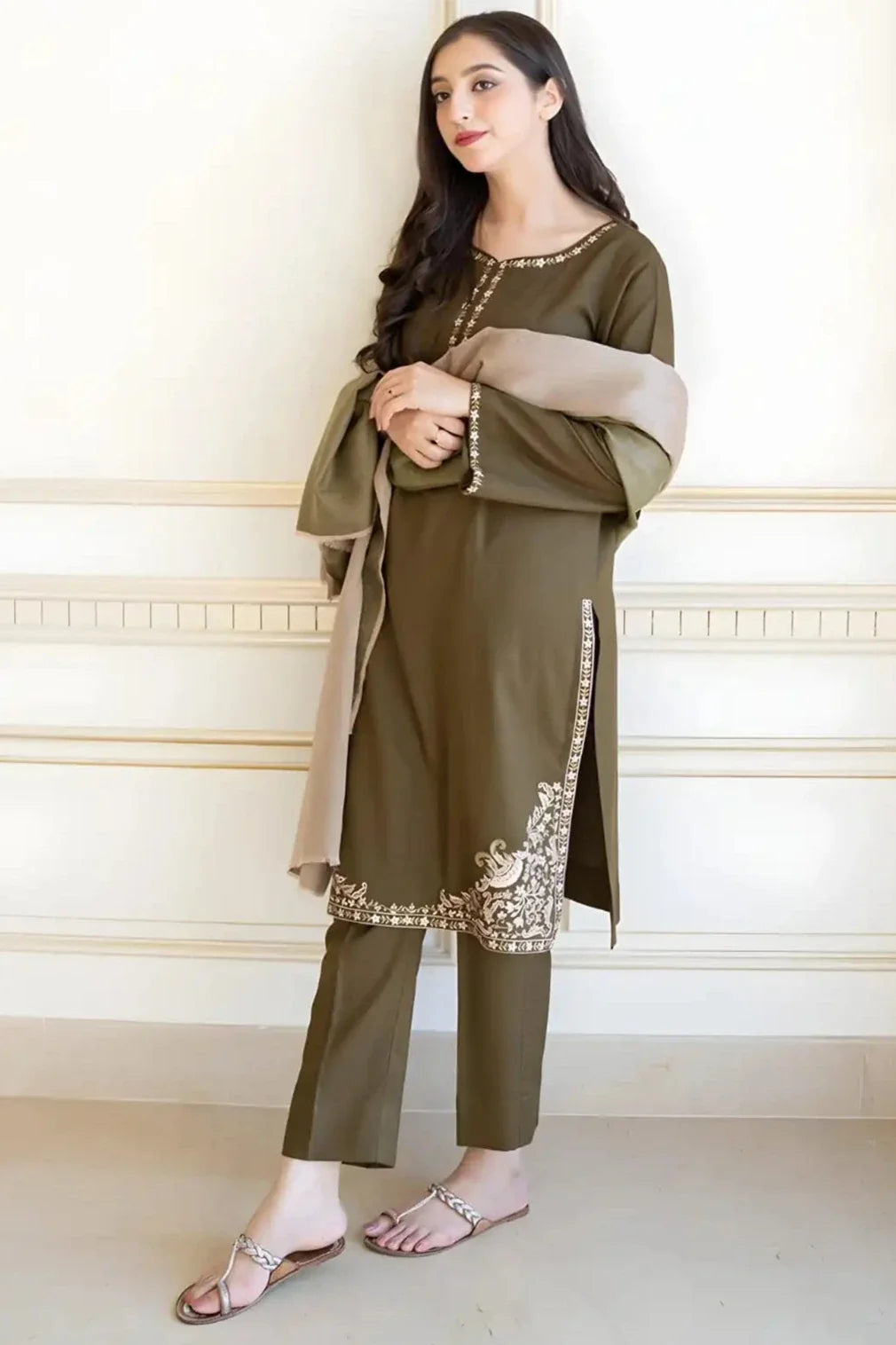 AS-10 Unstitched Embroidered Dhanak Suit With Dyed Dhanak Shawl