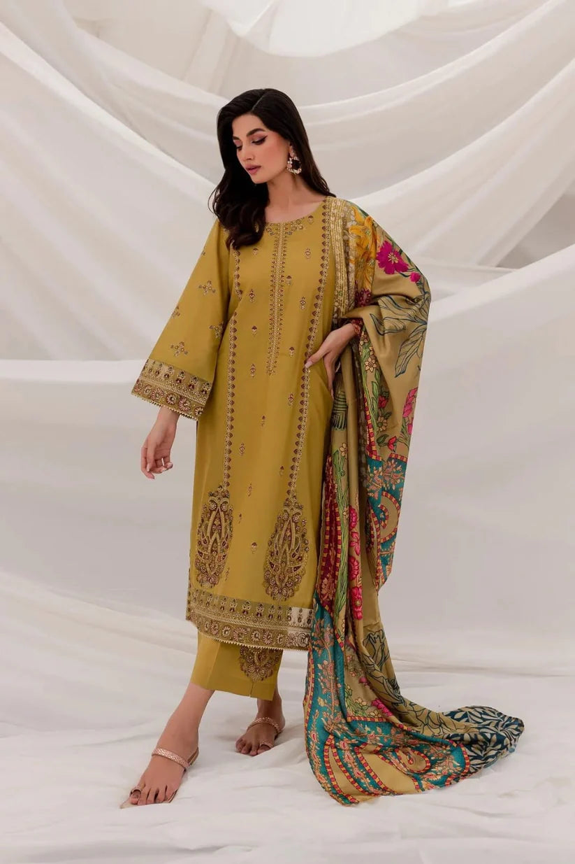 AA-20 Lawn Embroidered 3pc Suit With Slub Cotton Digital Printed Dupatta