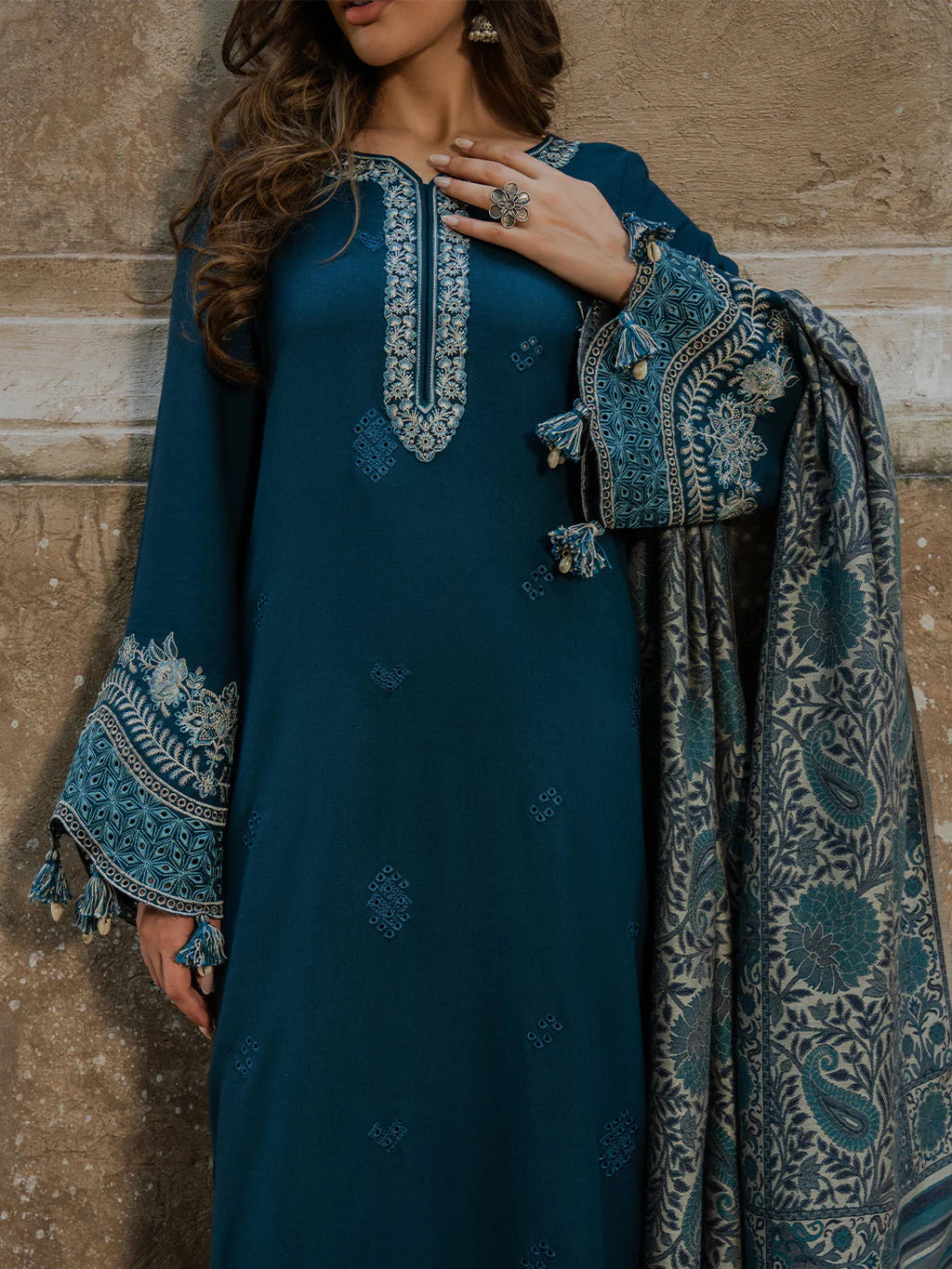 IZ-5333 Unstitched Heavy Embroidered Dhanak Suit With Printed Wool Shawl