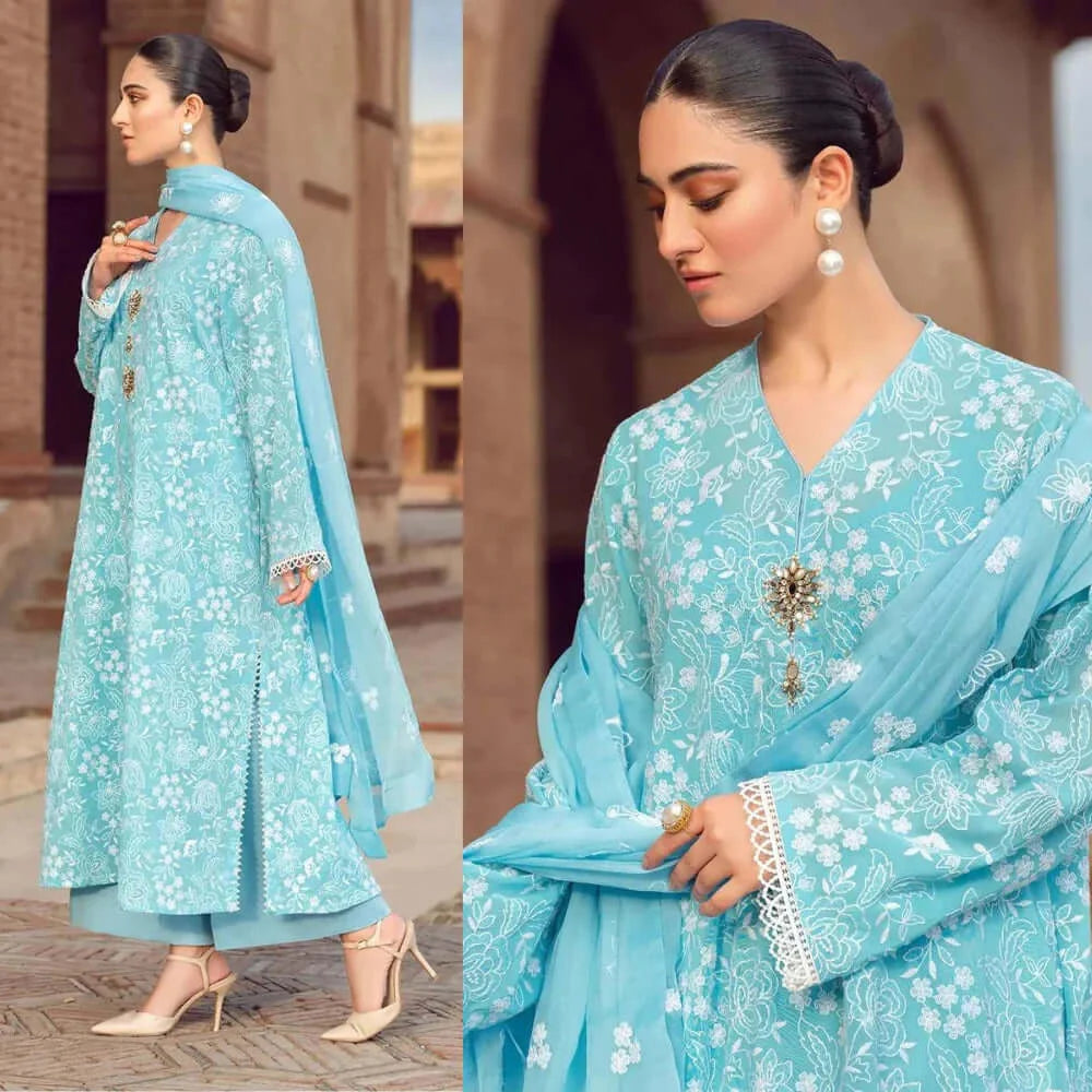 BR-08 Lawn 3Pc Embroidered Suit with Bamber Chiffon Embroidered Dupatta