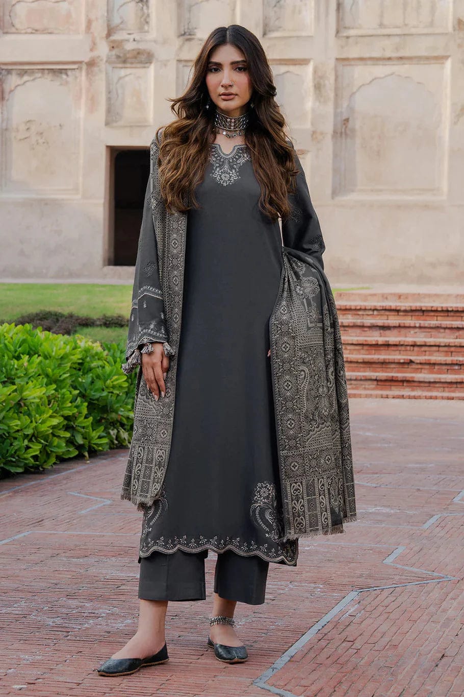 IZ-3733 Unstitched Heavy Embroidered Dhanak Suit With Printed Wool Shawl