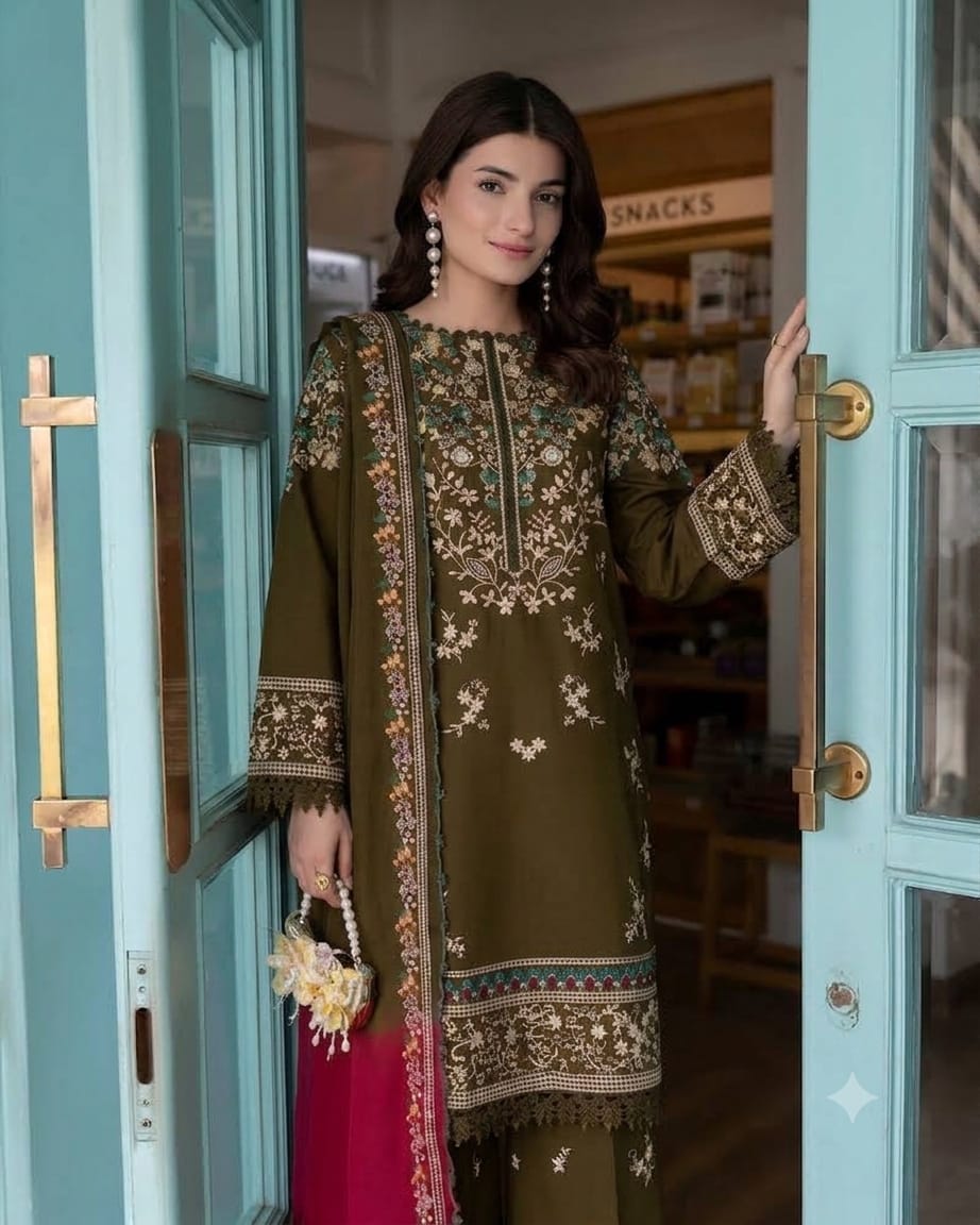 PZ-2634 Unstitched Fully Embroidered Dhanak Suit With Digital Printed Wool Shawl