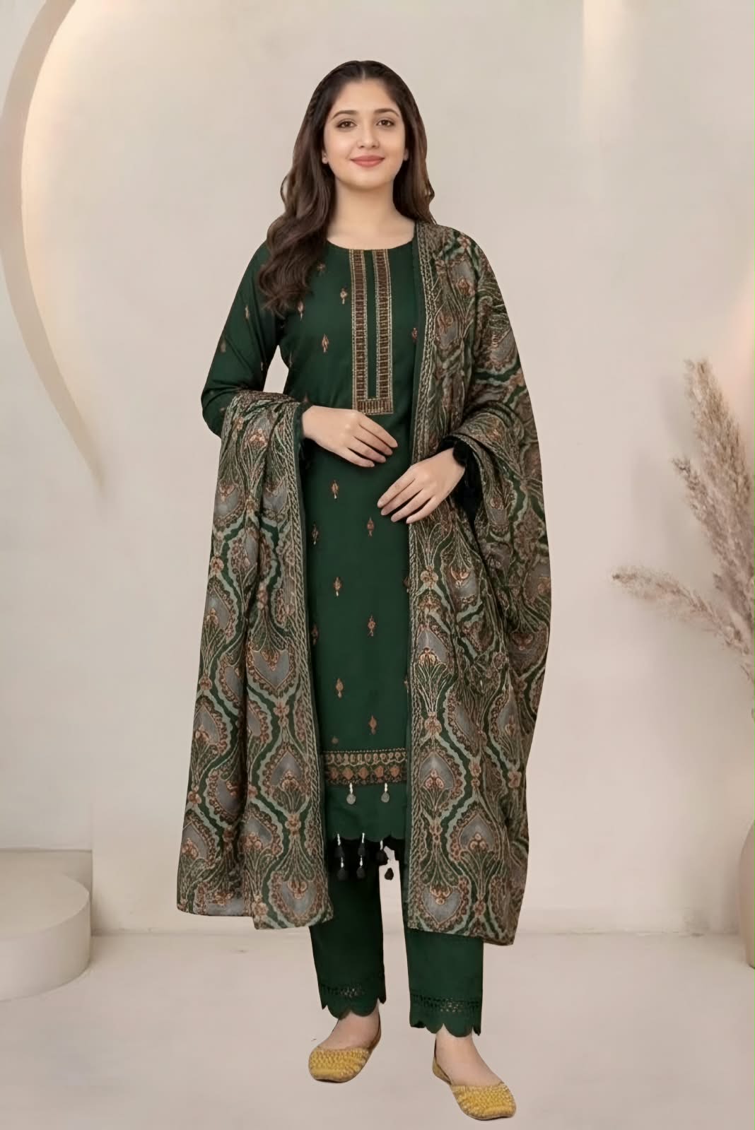 MB-2503(A) Dhanak Embroidered Suit with Dhanak Embroidered Aplik Cut Work Shawl