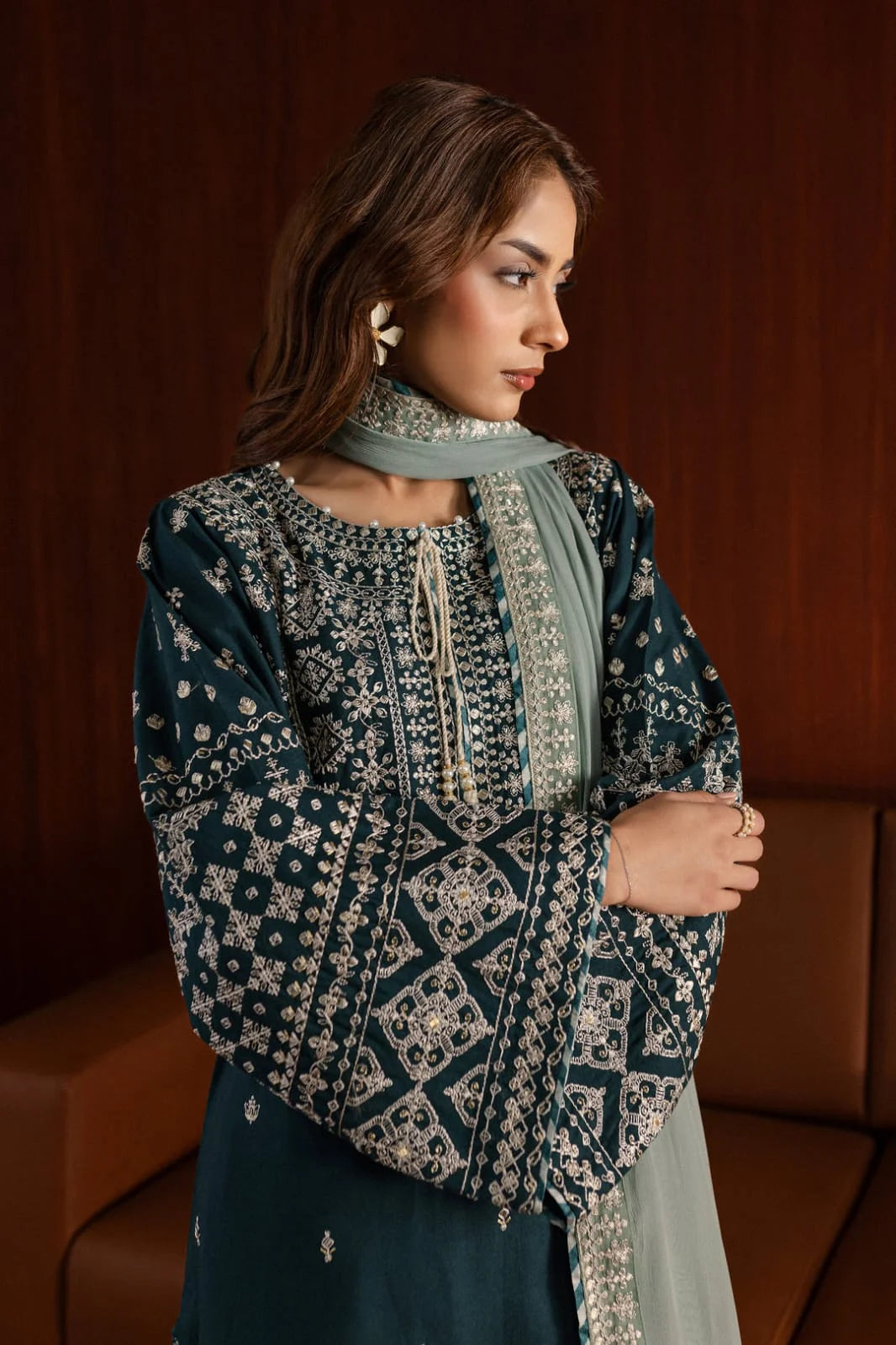 AA-50 3PC Unstitched Embroidered Lawn Suit With Embroidered Chiffon Dupatta