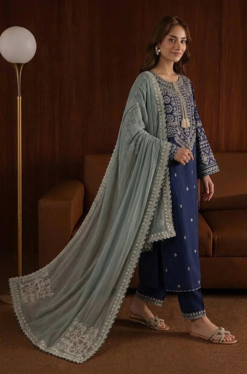 AA-51 3PC Unstitched Embroidered Lawn Suit With Embroidered Chiffon Dupatta