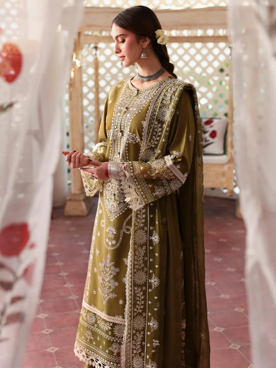 MR-590 Unstitched Heavy Embroidered Dhanak Suit With Embroidered Dhanak Shawl