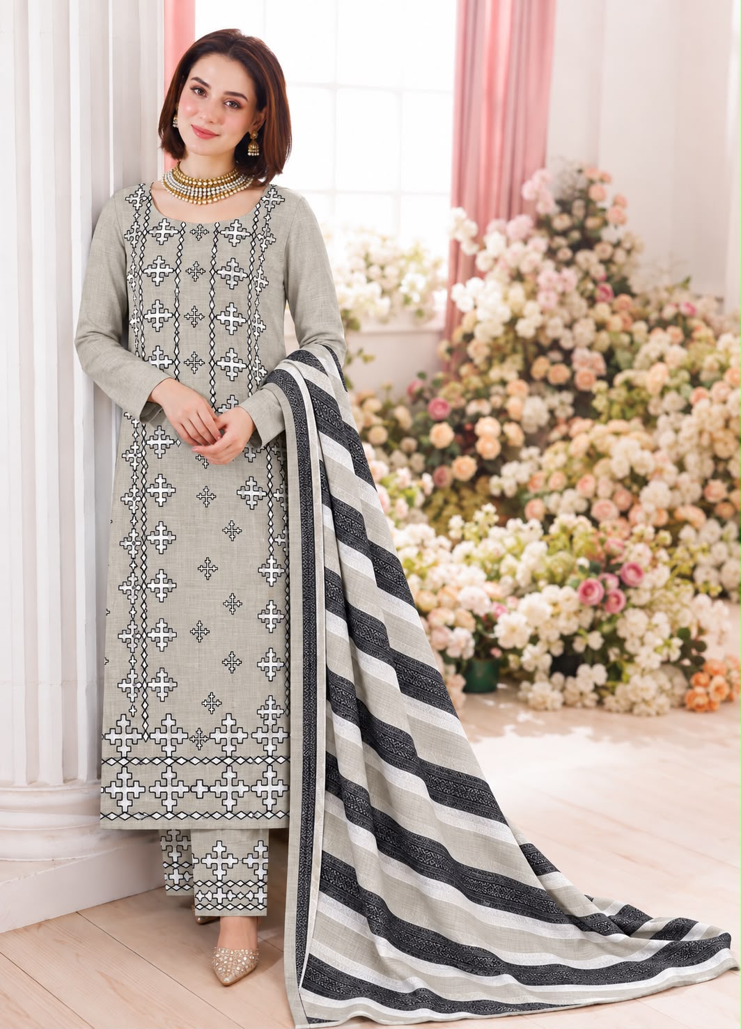 KHADI KHADDAR EMBROIDERED UNSTITCED Suit With khaddar printed shawl