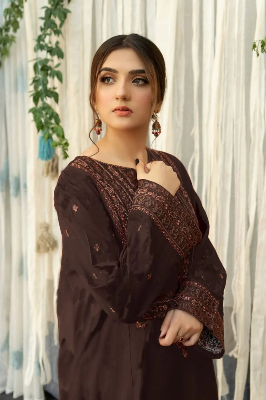 MB-845(B) Dhanak Embroidered Suit With Digital Printed Wool Shawl