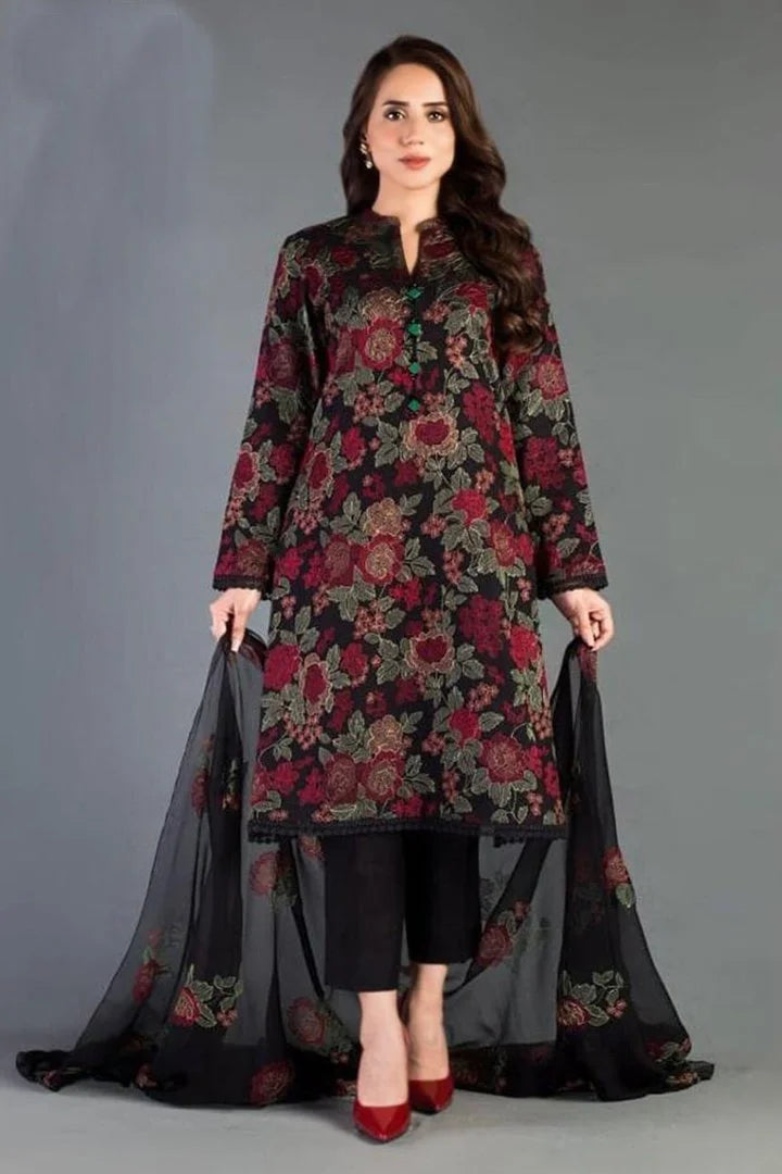 BR-345 Lawn Unstitched Embroidered 3pc Suit With Embroidered Chiffon Dupatta