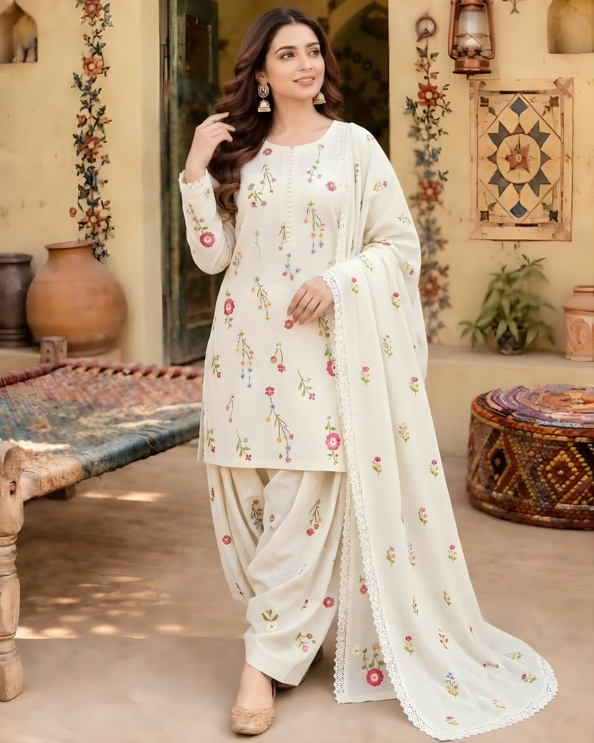 Unstitched Fully Embroidered Dhanak Suit With Embroidered Dhanak Shawl