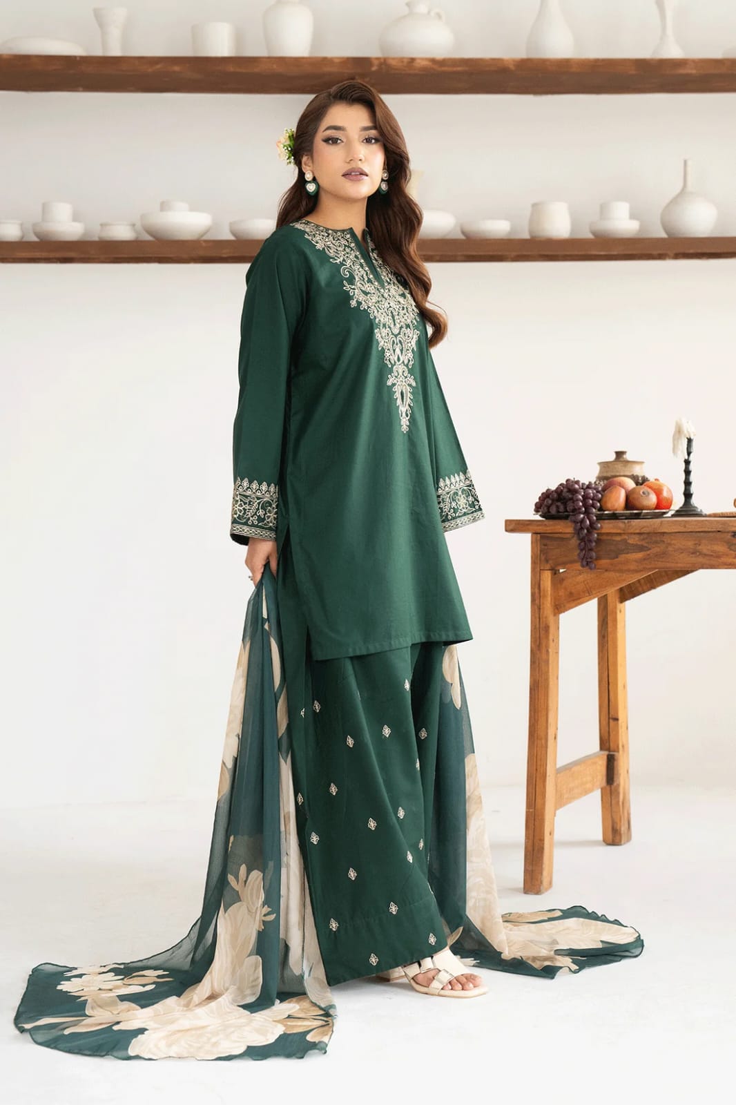PZ-2634 Unstitched Fully Embroidered Dhanak Suit With Digital Printed Wool Shawl