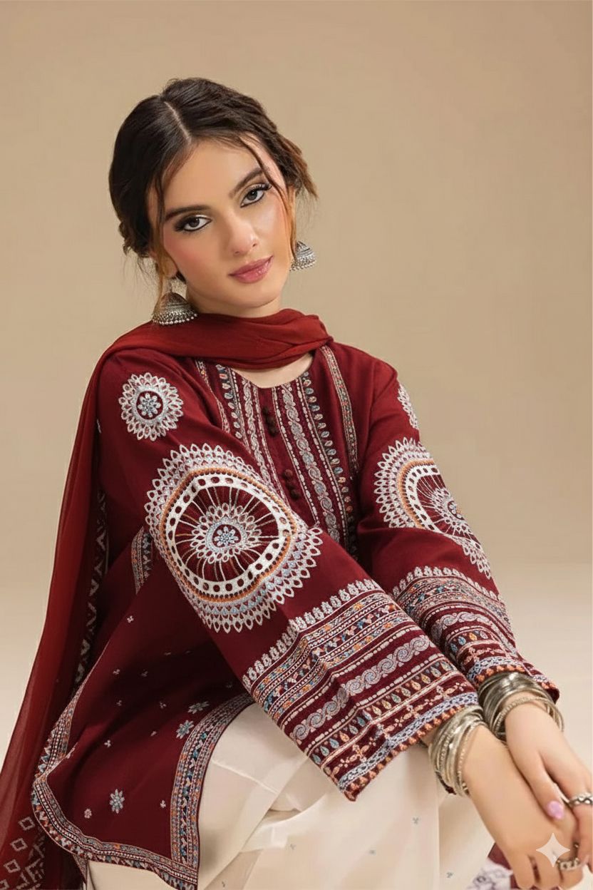 RR-610B Unstitched Heavy Embroidered Dhanak Suit With Digital Printed Dupatta