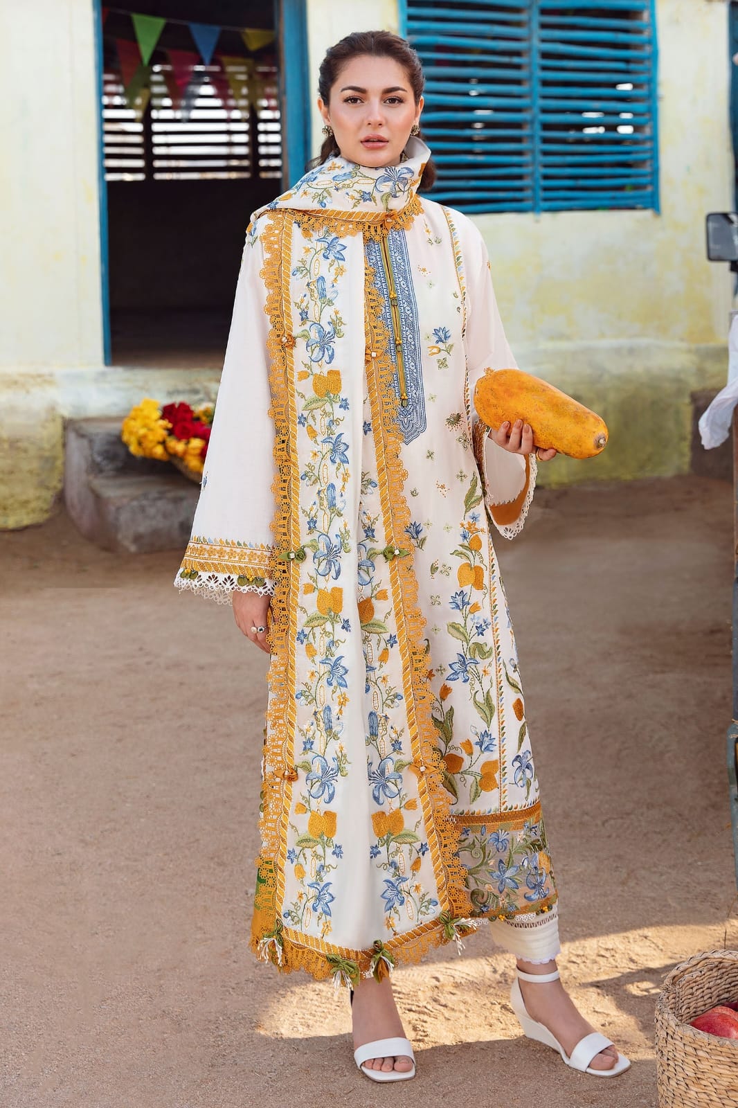MB-267 Unstitched Fully Embroidered Dhanak Suit With Embroidered Dhanak Shawl
