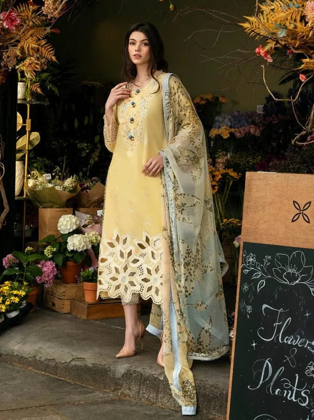 MS-2570A  Unstitched Embroidered Lawn 3pc Suit With Cotton Lawn Printed Dupatta