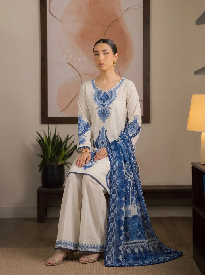 3 Piece Unstitched Heavy Embroidered Dhanak Suit ( Printed Woolen Shawl )