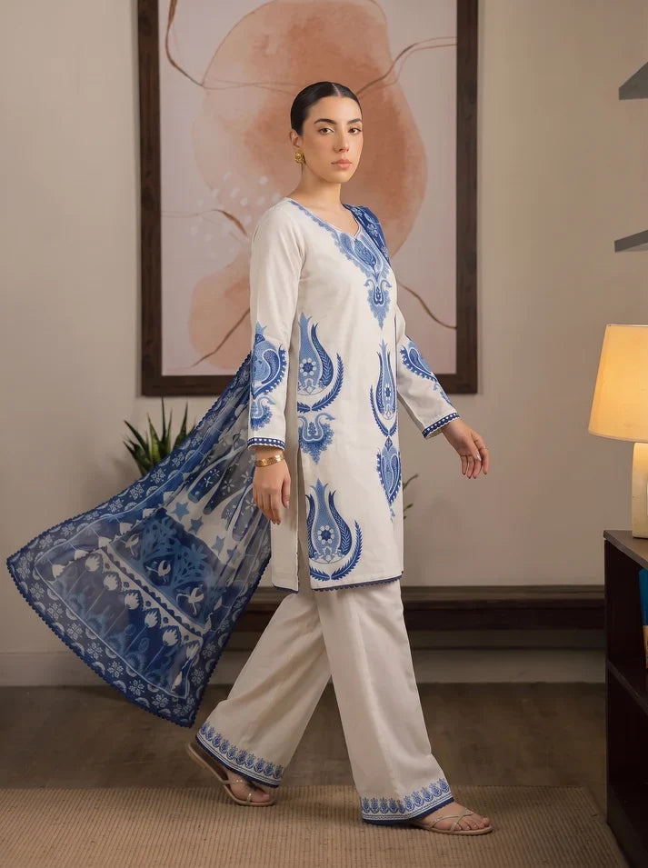 3 Piece Unstitched Heavy Embroidered Dhanak Suit ( Printed Woolen Shawl )