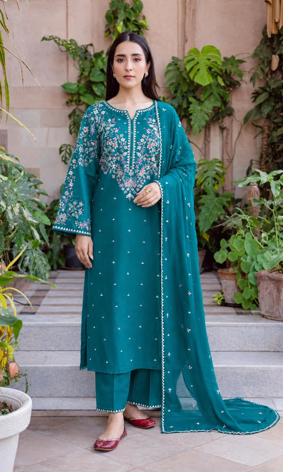 BT-2900 Unstitched Fully Embroidered Dhanak Suit With Embroidered Dhanak Shawl