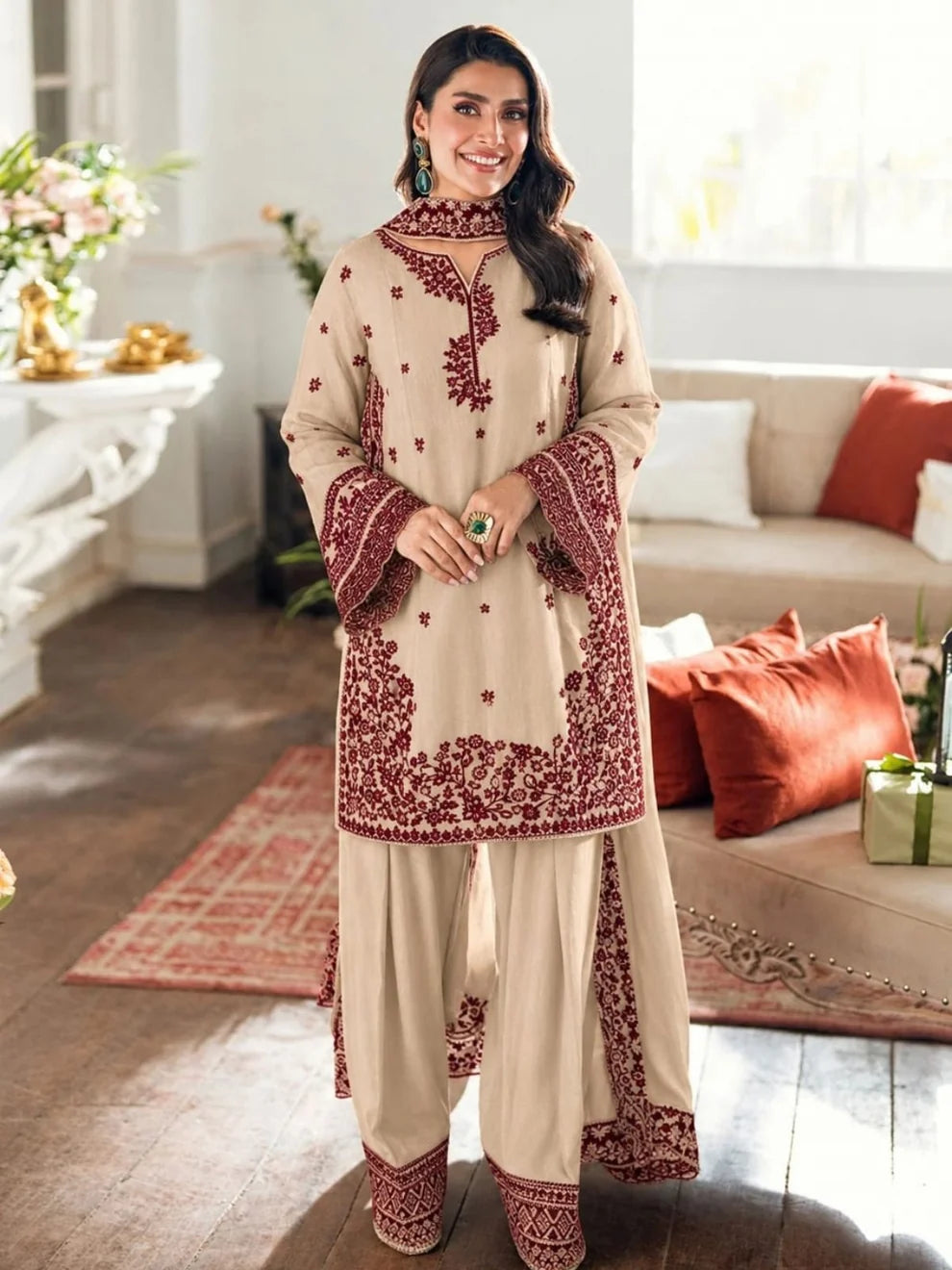 Un-Stitched Dhanak Embroidered Suit With Dhanak Embroidered Shawl