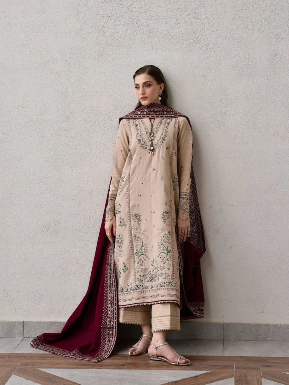 Un-Stitched Dhanak Embroidered Suit With Dhanak Embroidered Shawl