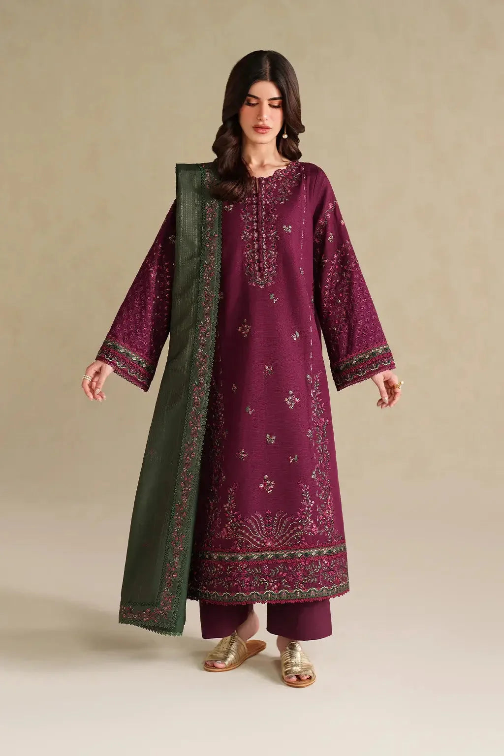 IZ-2705 Unstitched Embroidered Dhanak Suit With Four-sided Embroidered Shawl
