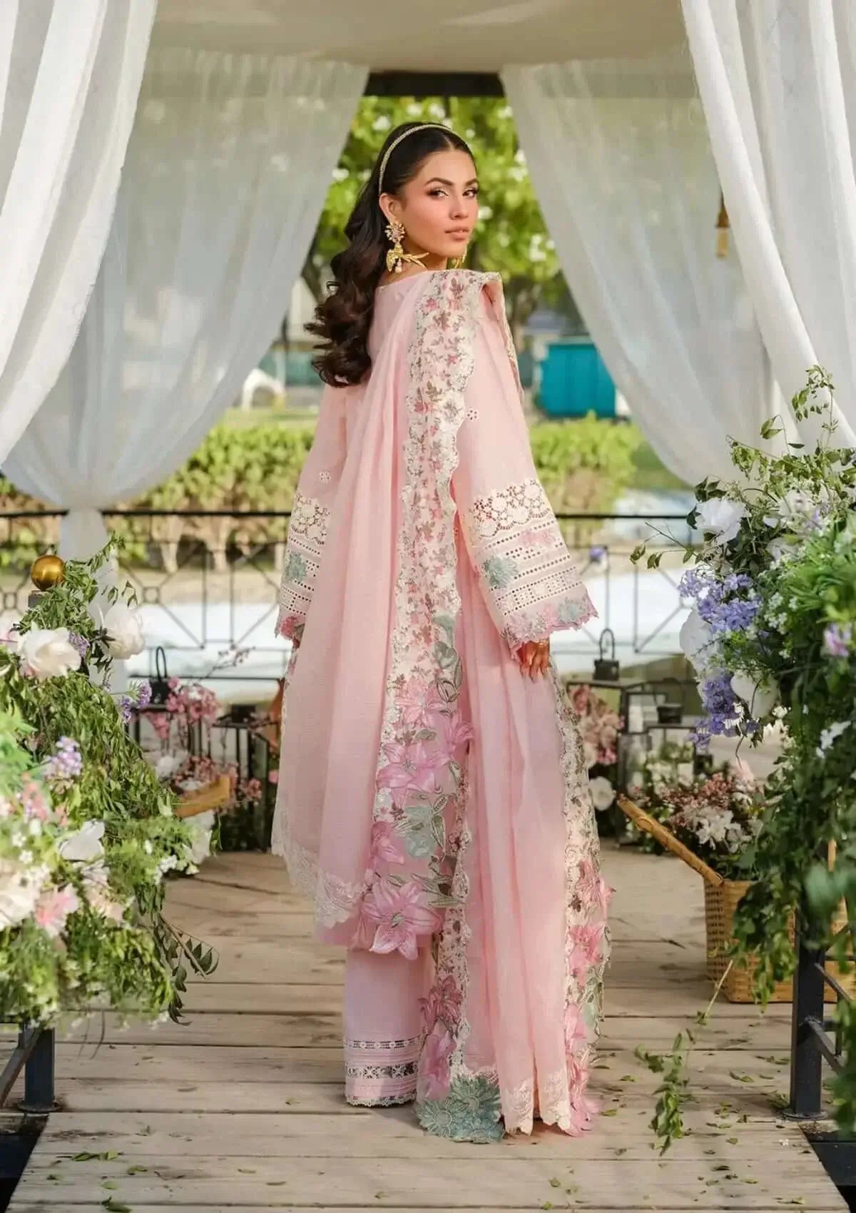 EL-2790 3Piece Unstitched Heavy Embroidered Chickan Kari Lawn Suit Four-sided Embroidered Cotton Net Dupatta