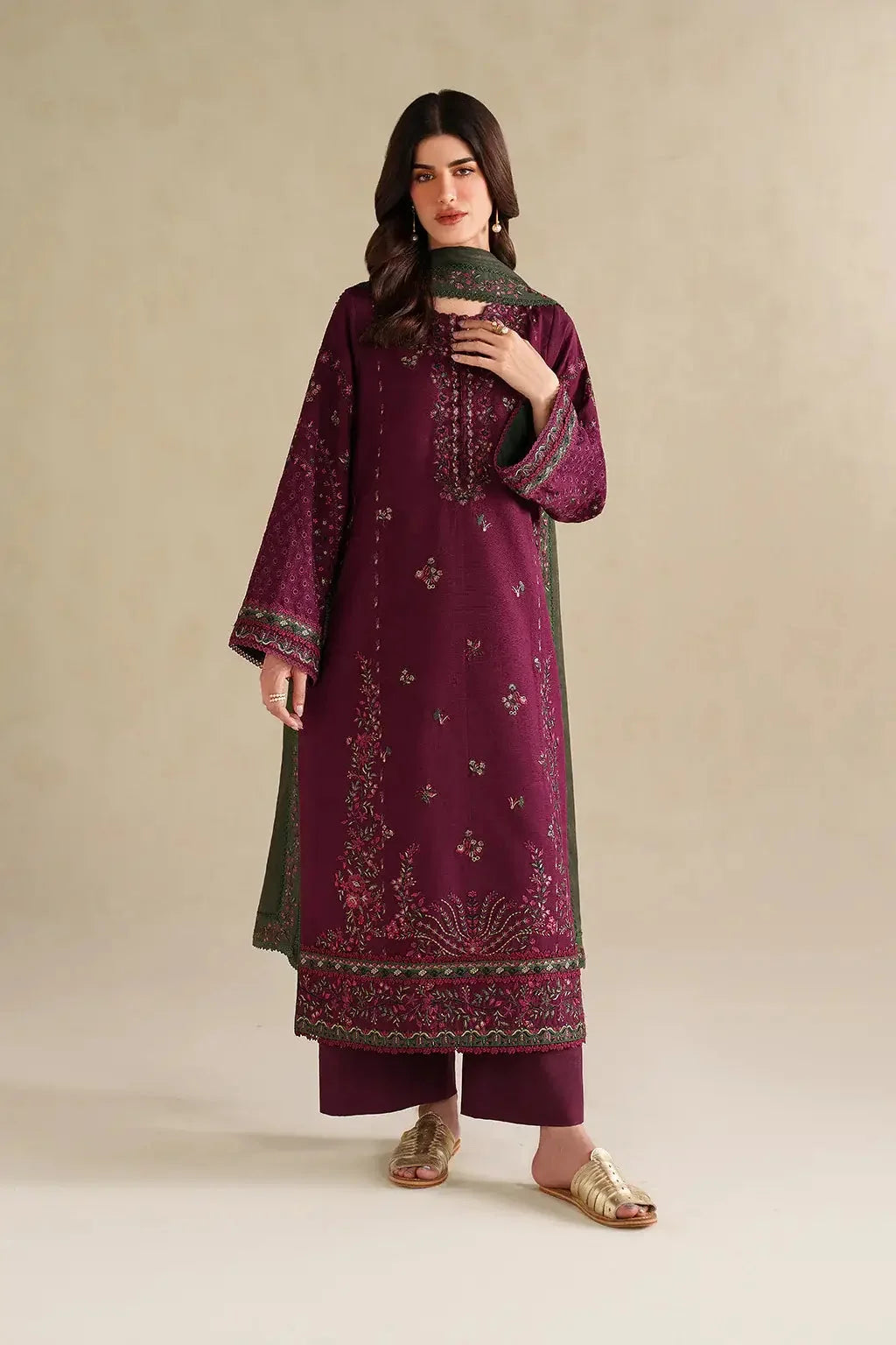 IZ-2705 Unstitched Embroidered Dhanak Suit With Four-sided Embroidered Shawl