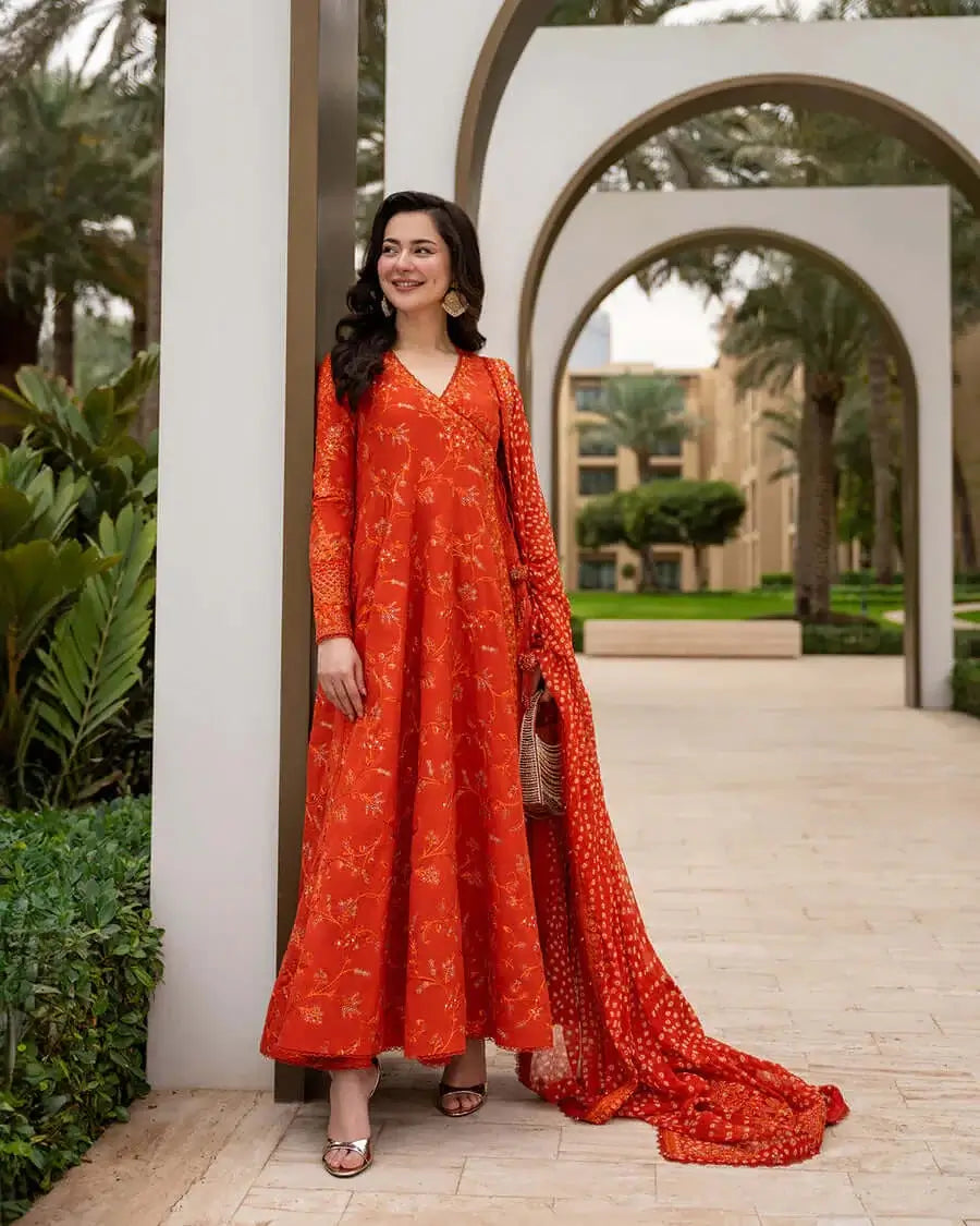 FS-1005 Lawn Unstitched Fully Embroidered Fabric With Printed Chiffon Dupatta 4 Sided Embroidered Lace