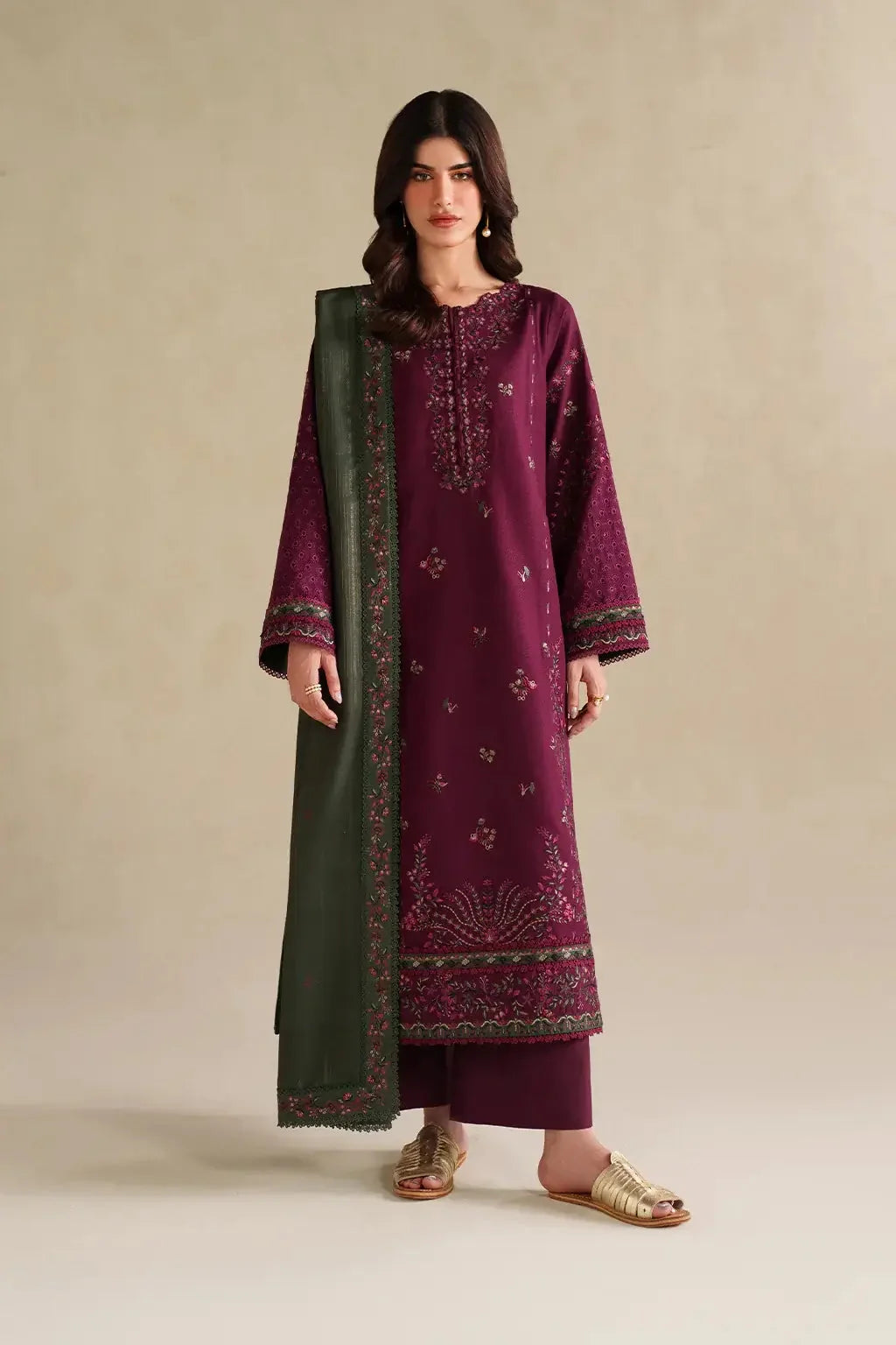 IZ-2705 Unstitched Embroidered Dhanak Suit With Four-sided Embroidered Shawl