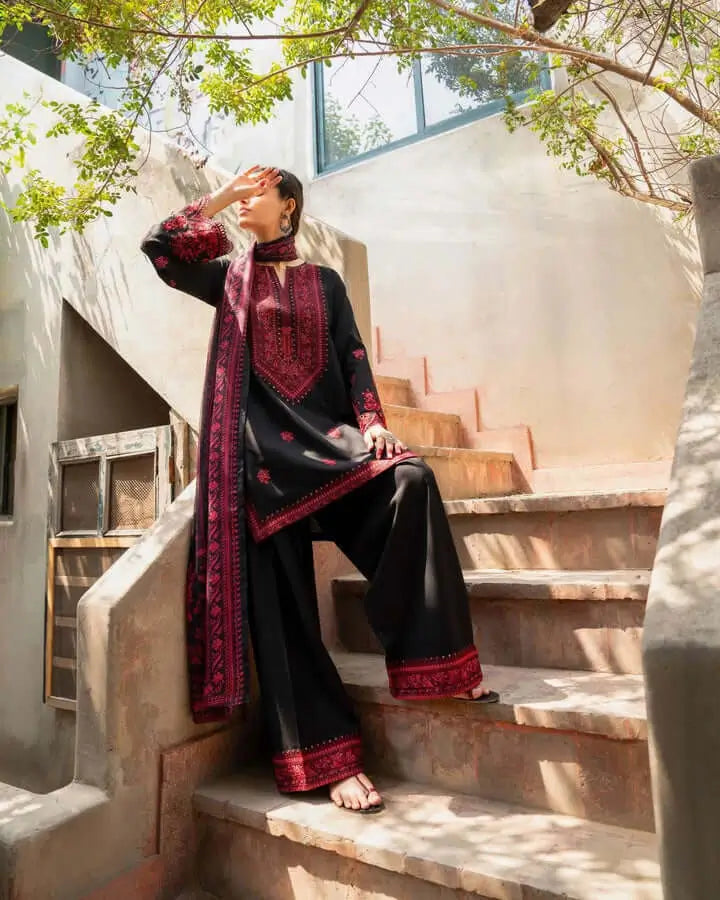3 Piece Unstitched Heavy Embroidered Dhanak Suit ( Fine Printed Dhanak Shawl )