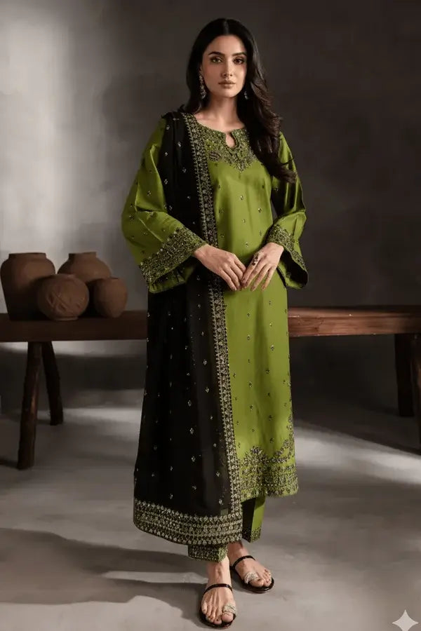 BT-3090 Unstitched Heavy Embroidered Dhanak Suit With Four-sided Embroidered Dhanak Shawl